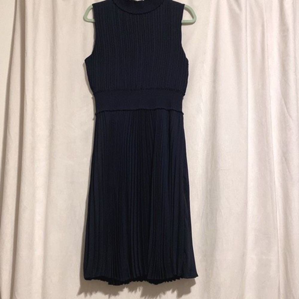 Nanette Lepore Navy Pleated Midi Dress with High Neck Collar and Smocked Stretch